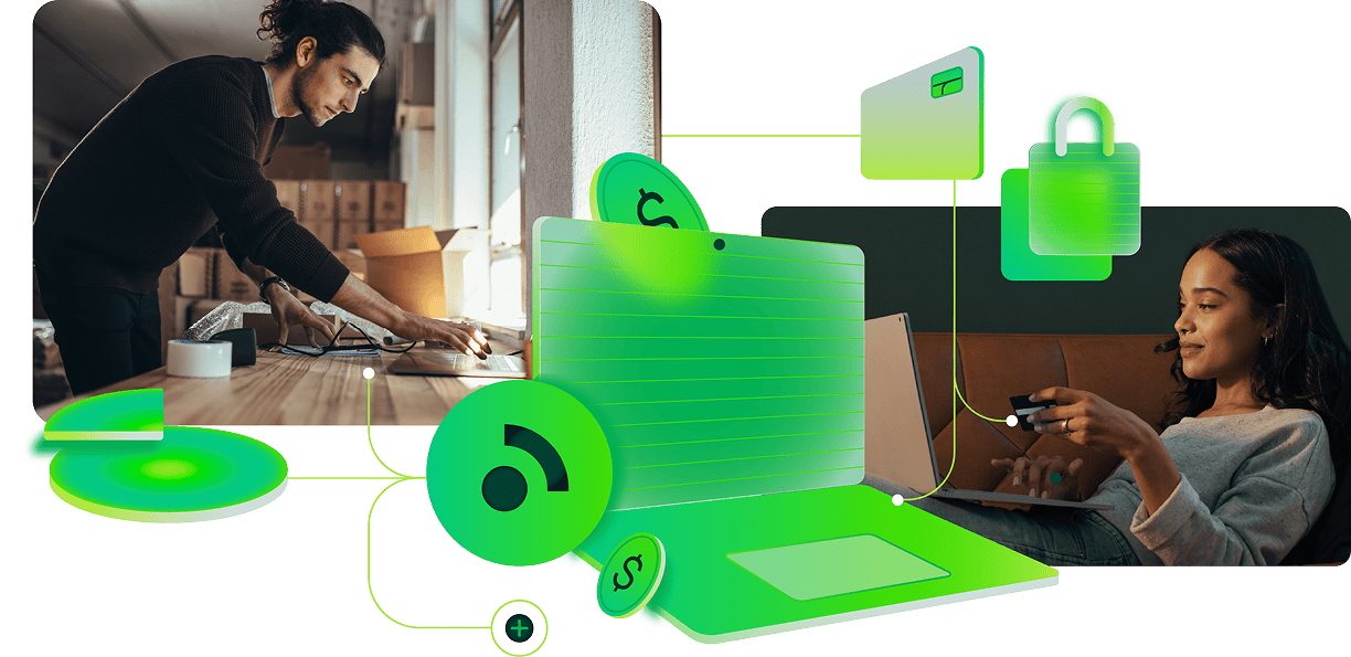 Empreendedor gerenciando pedidos e cliente realizando pagamento online seguro em notebook, representando soluções de e-commerce e transações digitais protegidas.