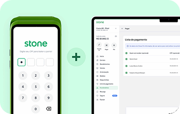 Maquininha da Stone à esquerda na tela de informar o CPF para bater o ponto. Computador à direta na tela de Lista de Pagamento na Conta Stone. Entre os dois, um sinal de adição.