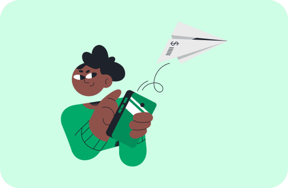 Ilustração de uma empreendedora segurando o celular na mão e compartilhando um link de pagamento sendo representado por um avião de papel