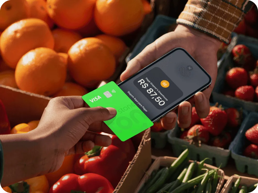 Ilustração de pagamento com cartão Visa verde da Super Conta Ton usando o sistema de aproximação do Tapton. A tela do dispositivo mostra o valor de R$ 200,00.