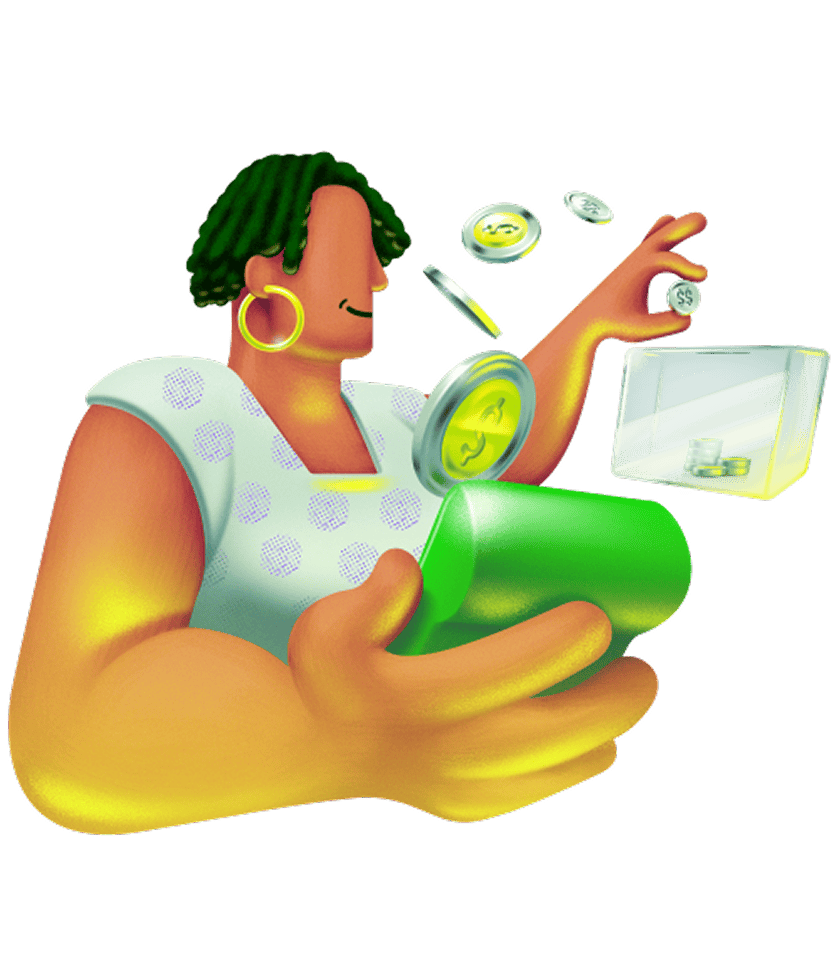 Ilustração de uma mulher organizando moedas em uma caixa transparente