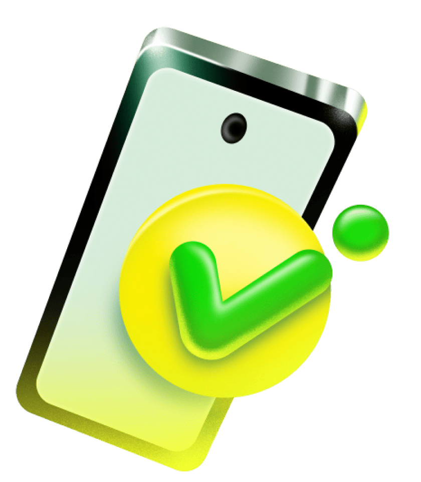 Ilustração de um símbolo de confirmação em V e um celular ao fundo