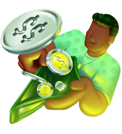 Ilustração de um homem abrindo uma carteira com moedas saindo de dentro dela
