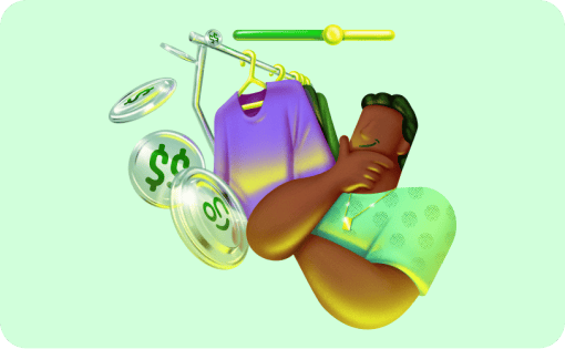 Ilustração de um homem pensativo observando uma arara de roupas e algumas moedas grandes ao redor