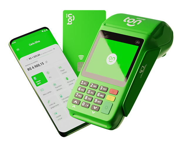 Um celular com o aplicativo do Ton aberto, cartão do Ton e Máquina de Cartão do Ton