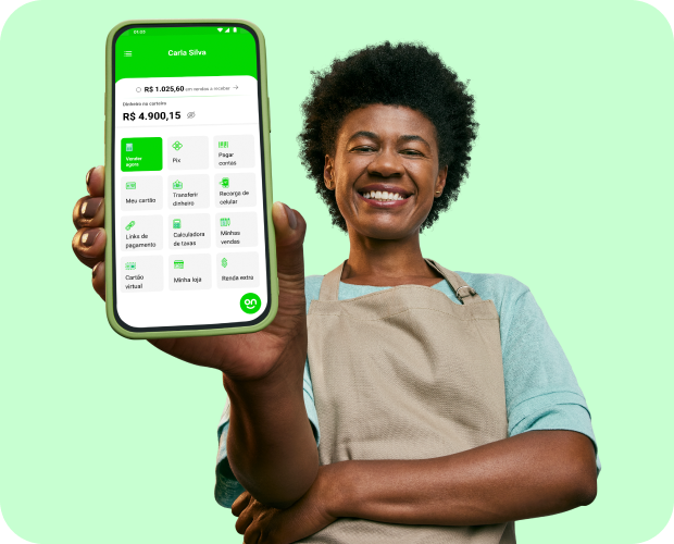 Na imagem consta um cartão do Ton, uma máquina de cartão do Ton e um celular com o aplicativo aberto apoiados em um fundo verde. 