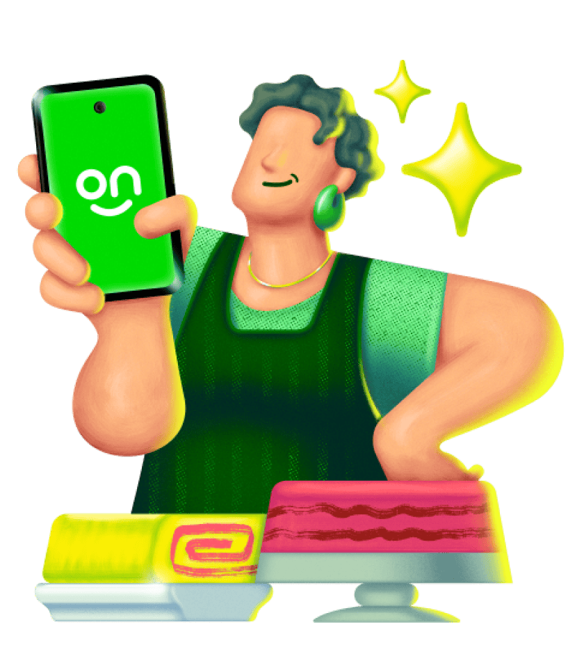 Ilustração de uma mulher em seu comércio segurando um celular com o App do Ton