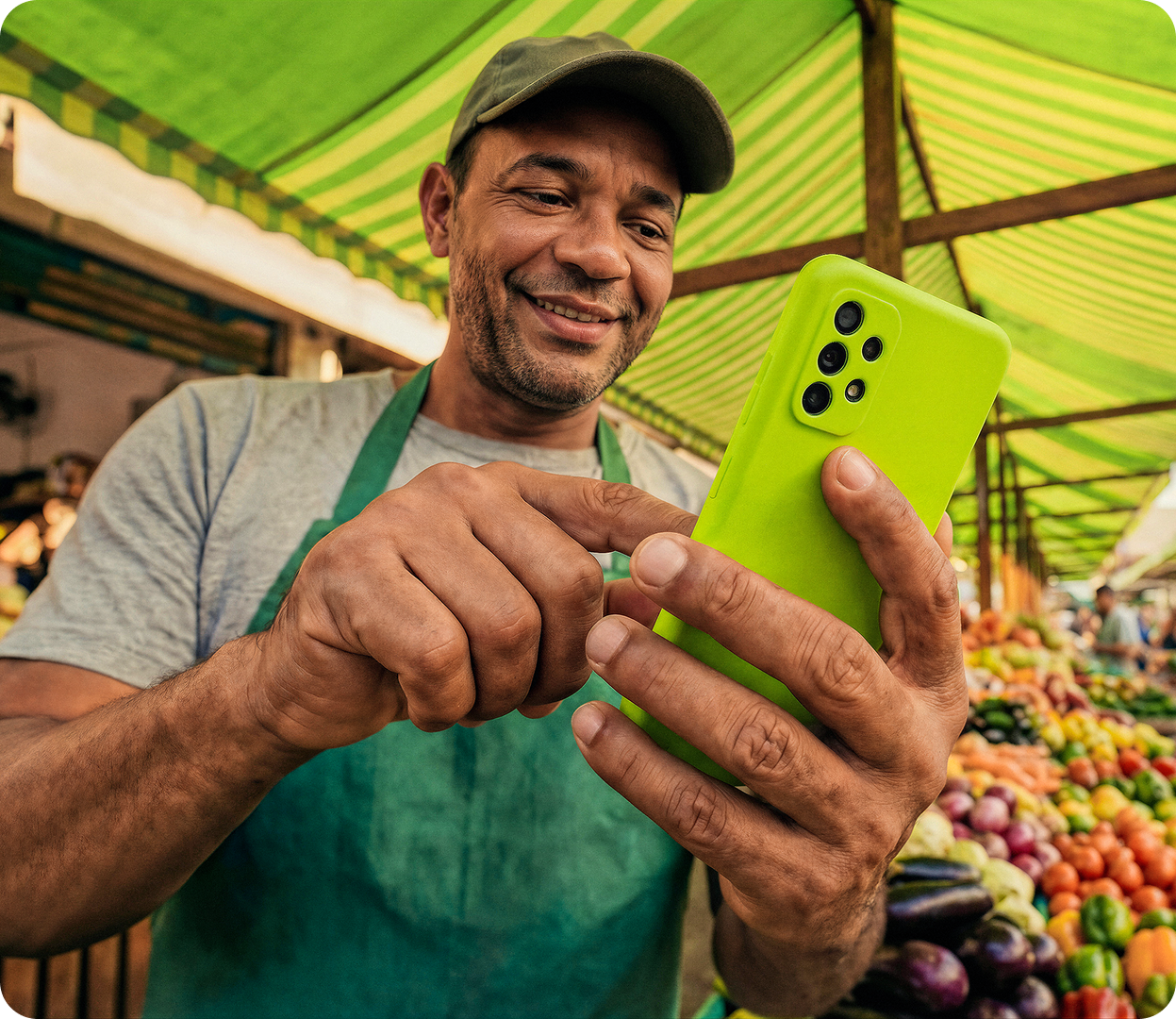 Feirante dentro de sua barraca utilizando sua conta Ton no aplicativo do celular