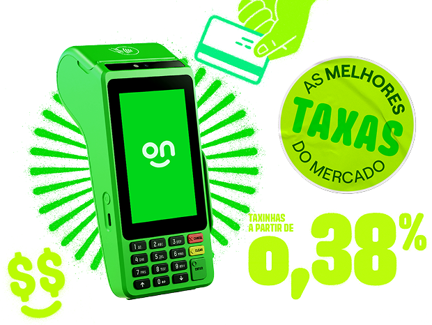 Em um fundo verde uma mulher negra está sorrindo e segurando a máquina de cartão do Ton com uma mão.