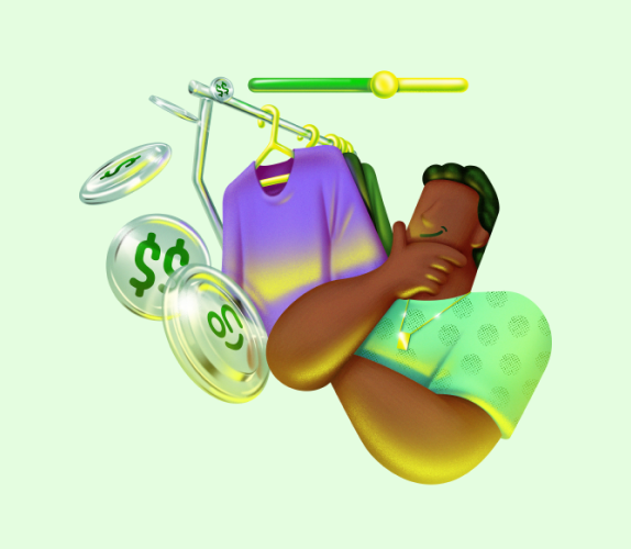 Ilustração de um homem pensativo observando uma arara de roupas e algumas moedas grandes ao redor