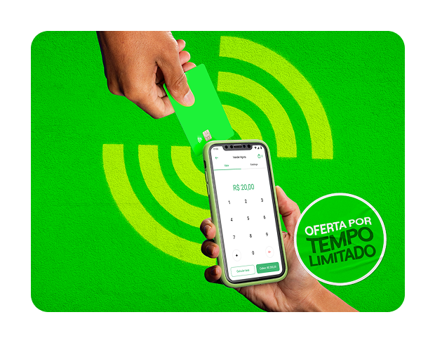 Ilustração de pagamento com cartão Visa verde da Super Conta Ton usando o sistema de aproximação do Tapton. A tela do dispositivo mostra o valor de R$ 200,00.