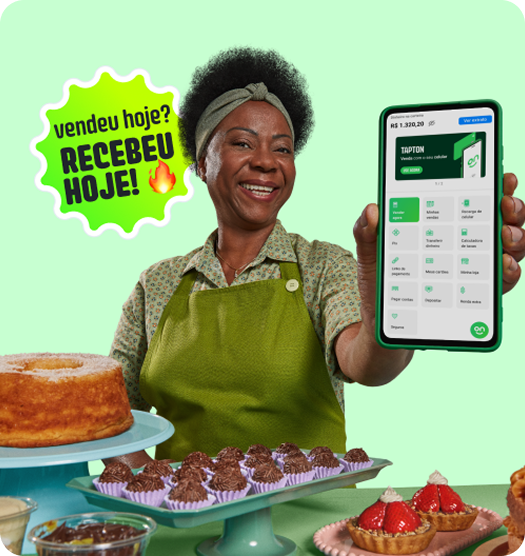 Em um fundo verde uma mulher negra sorrindo, segurando um celular com aplicativo do Ton. Em baixo possui uma mesa com doces e bolos. E em cima do bolo consta um balãozinho com a frase "vendeu hoje? Recebeu hoje!" e um emoji de foguinho.