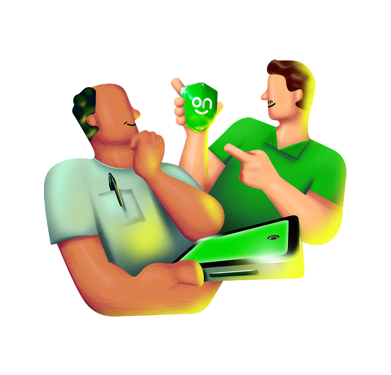 Ilustração de dois homens, um mais idoso e um mais novo. O homem mais novo segurando um escudo com o logotipo do Ton e o homem mais velho segurando um celular com o aplicativo do To