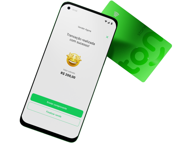 Ilustração de pagamento com cartão Visa verde da Super Conta Ton usando o sistema de aproximação do Tapton. A tela do dispositivo mostra o valor de R$ 200,00.