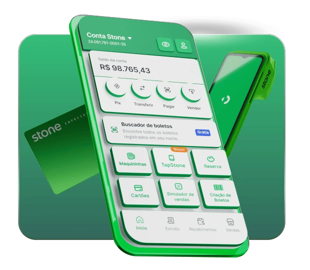 Ilustração de celular com aplicativo Stone no centro e ao fundo, o cartão Stone na esquerda e maquininha de cartão Stone na direita.
