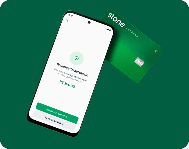 Ilustração de pagamento com cartão verde Stone usando o sistema de aproximação do TapStone. A tela do dispositivo mostra o valor de R$ 200,00.