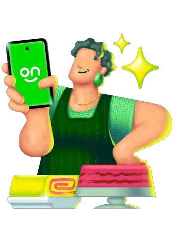 Mulher sorrindo, segurando um celular com o app Ton, atrás de um balcão