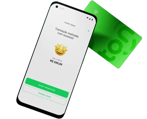 Ilustração de pagamento com cartão Visa verde da Super Conta Ton usando o sistema de aproximação do Tapton. A tela do dispositivo mostra o valor de R$ 200,00.